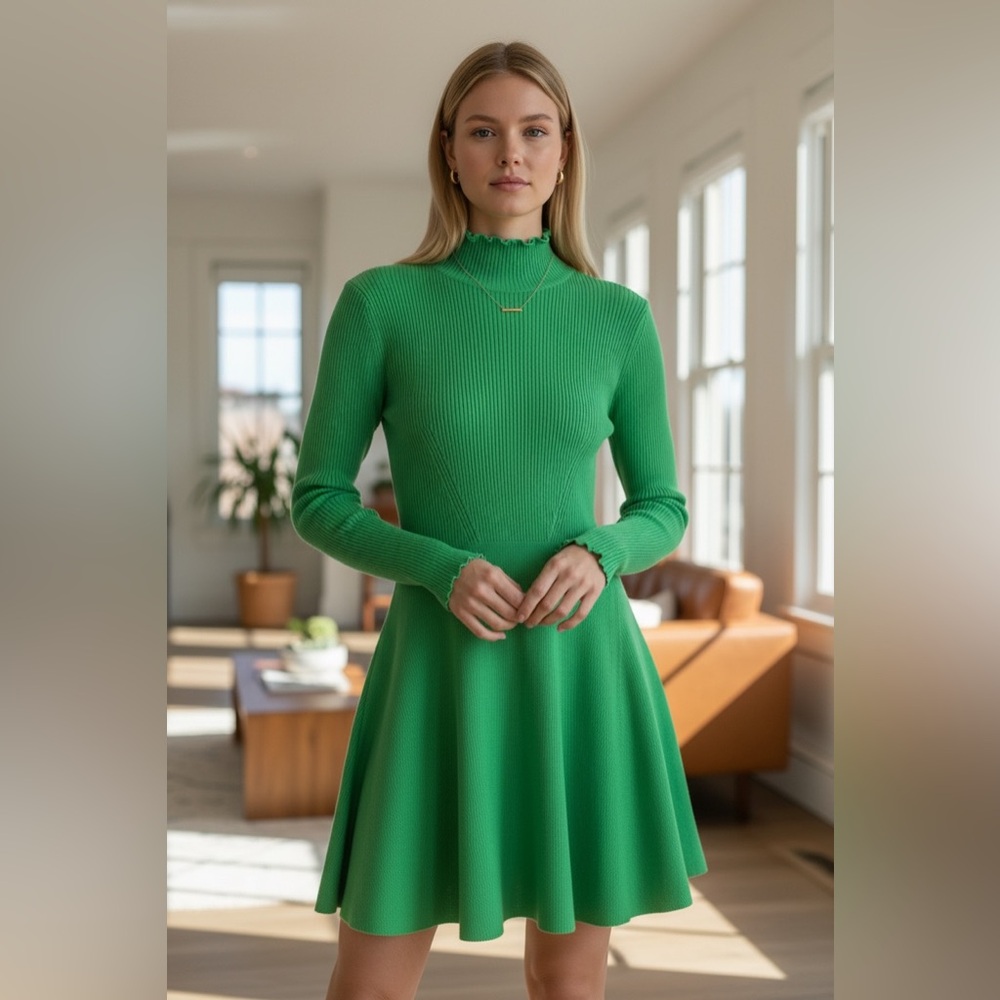 Mock Neck Fit and Flare Ribbed Knit Mini Dress